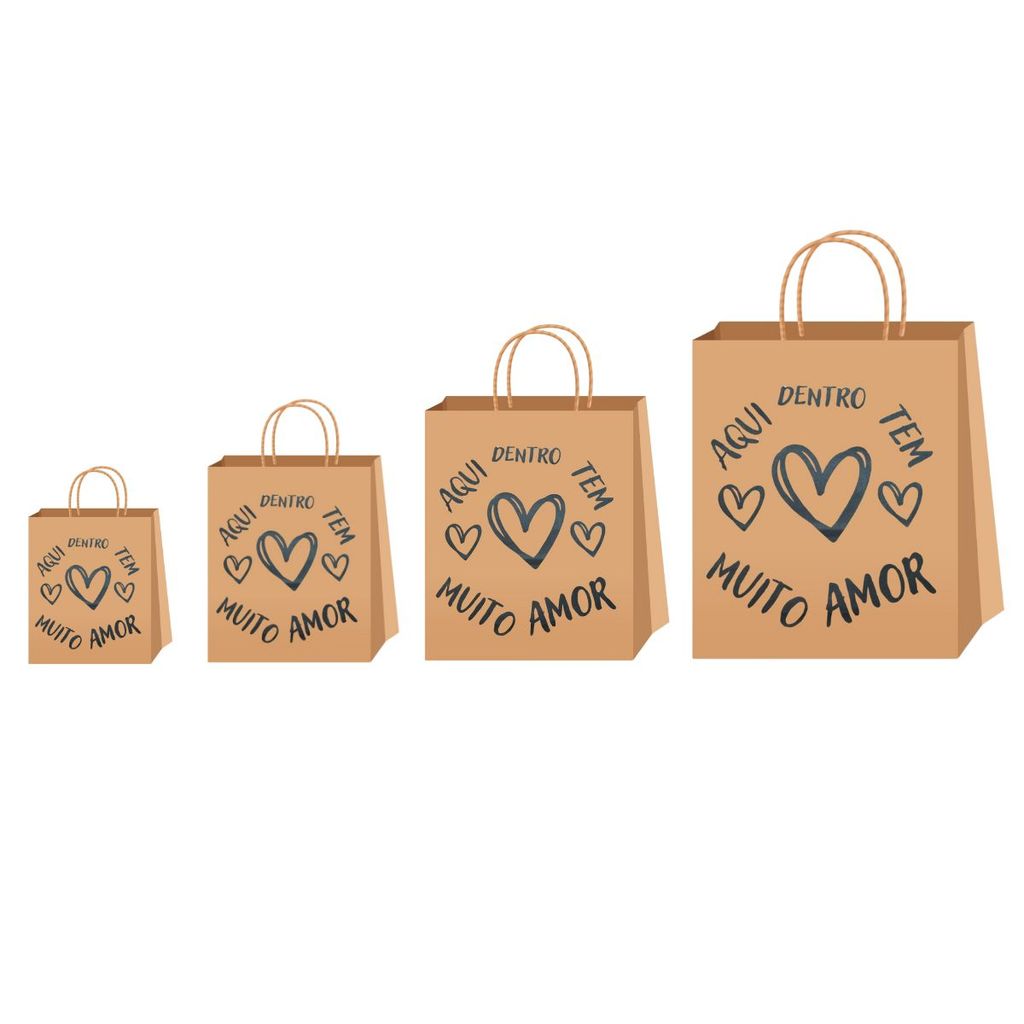 KIT 40 SACOLAS PAPEL KRAFT CORAÇÃO 10 CADA TAMANHO PP P M G