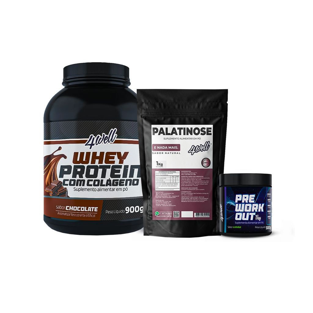 Kit Cross & Endurance Whey Protein 900g + Pré-Treino 300g Limão + Palatinose 500g  4well