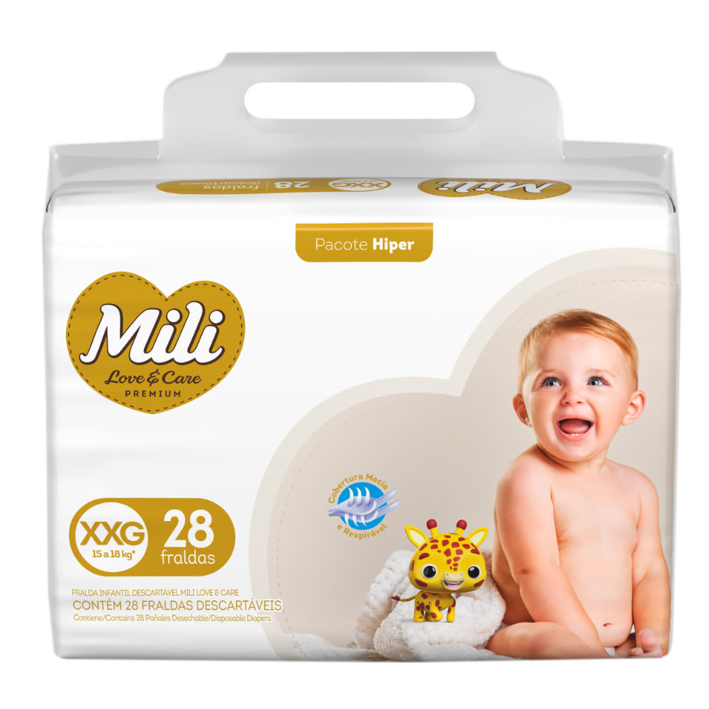 Fralda Infantil Mili Love e Care Premium Hiper Tamanho XXG com 28 Unidades Descartáveis em Oferta na Shopee