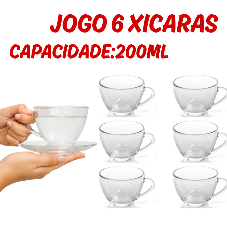 Jogo 6 Xicaras Veneza Vidro 200ML Transparente Cafe Chá Bebidas Elegante Louças