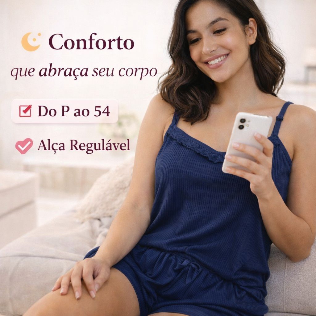 Pijama Feminino Curto Com Alça Regulável Renda Confortável Alcinha Short Blusa Canelado Baby Doll