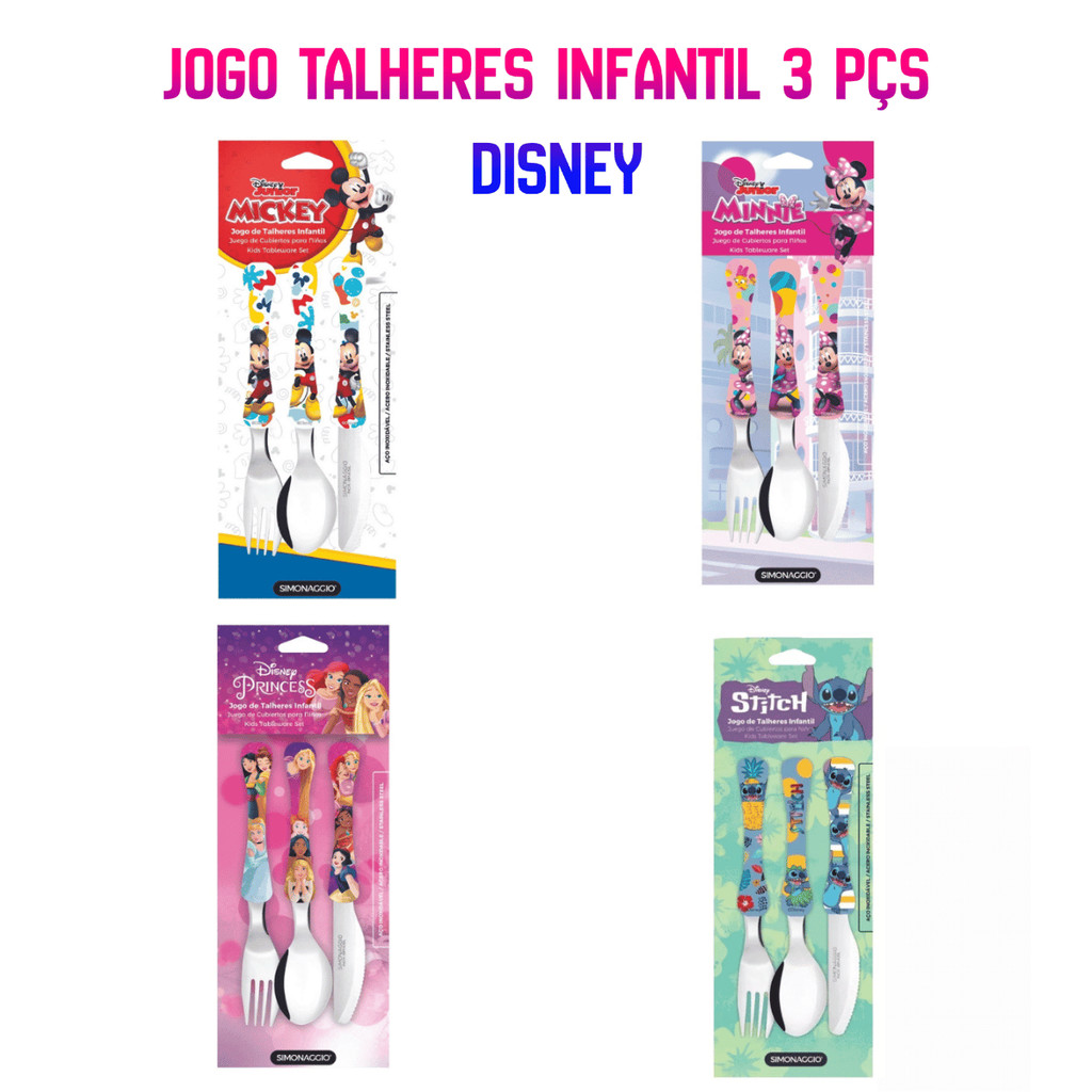 Jogo de Talheres Infantil c/3 Peças Disney - Simonaggio / Alimentação Infantil Kit Conjunto