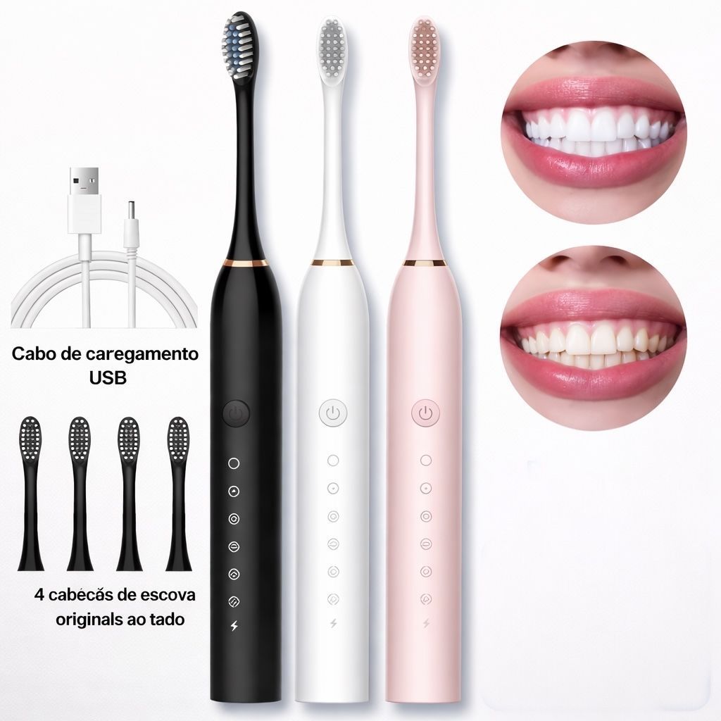 2/1 Escovas Elétricas Sônicas IPX7 + 8 Refis |  7 Modos  | Recarregável USB | Limpeza Profissional