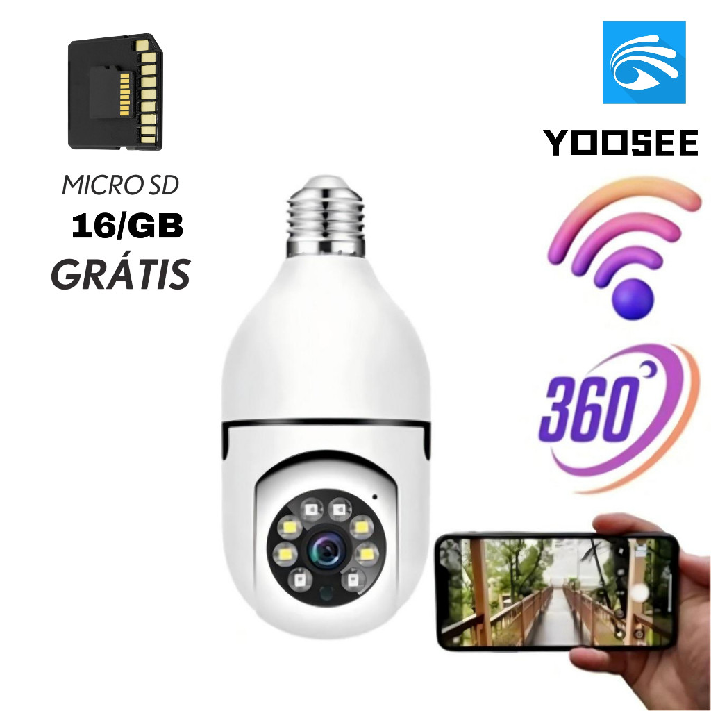 Câmera wifi ip sem fio giratória 360 com encaixe lampada bocal rosca ptz full HD visão noturna segurança+MICROSD 16GB em Oferta na Shopee