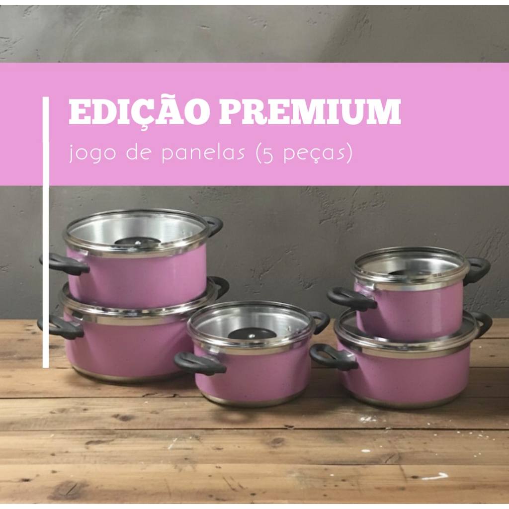 Conjunto de Panelas 5 Peças Cor de Rosa Super Forte - Panelas Feito Para Durar Qualidade Garantida