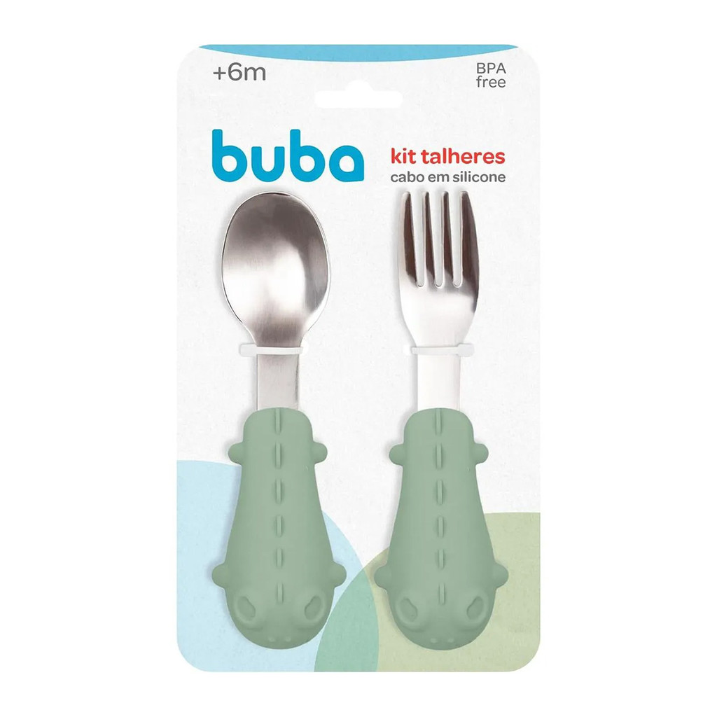 Kit Talheres Colher e Garfo Cabo em Silicone Buba Dino Verde em Oferta na Shopee