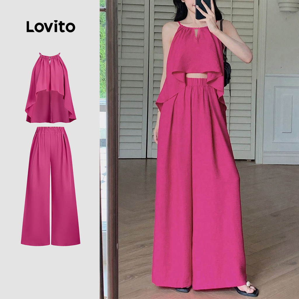 Lovito  Tops ou Bottoms Elegantes Estilosos para Primavera/verão Calças Vermelhas Rosa para Mulheres L178ED1364 em Oferta na Shopee