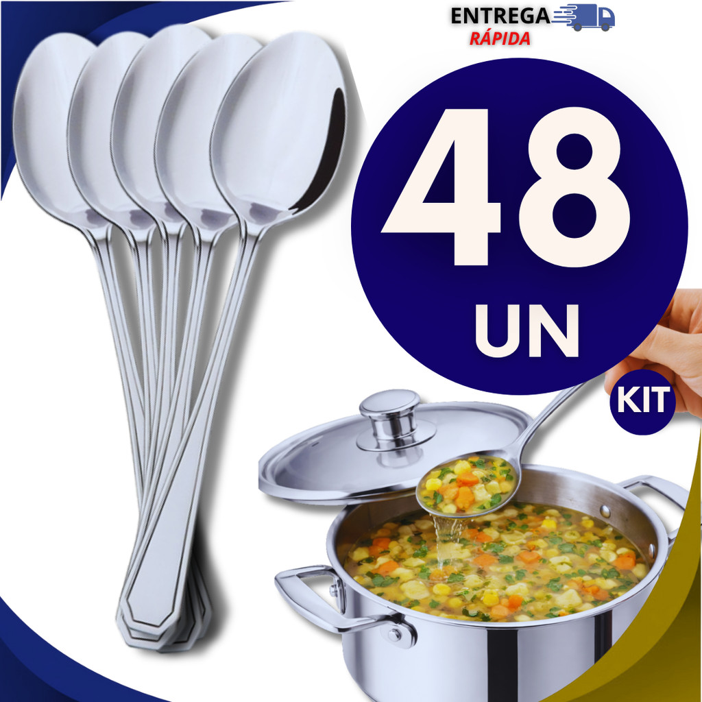 Kit 48 Colheres Aço Inox Premium Colher Para Restaurantes Cozinha Casa Bar Talher Colher de Sopa Premium Utilidades