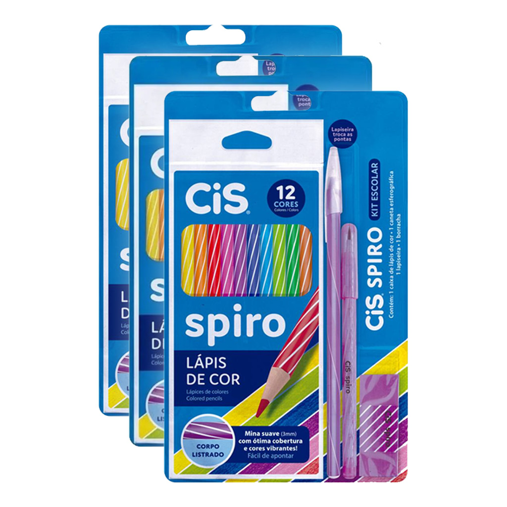 Kit Escolar 'Spiro' com Lápis de Cor 12 Cores + Caneta + Lapiseira Troca Ponta + Borracha | Blister | CIS