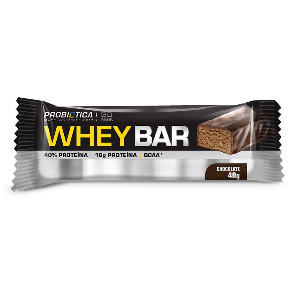 Barra de Proteína Whey Bar Probiótica Sabor Chocolate com BCAA e 16g de Proteína 40g em Oferta na Shopee