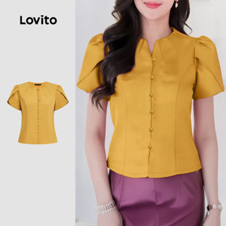 Lovito Blusa Casual com Botão Frontal Blusa Amarela Simples Primavera/verão para Mulheres L172ED361 em Oferta na Shopee