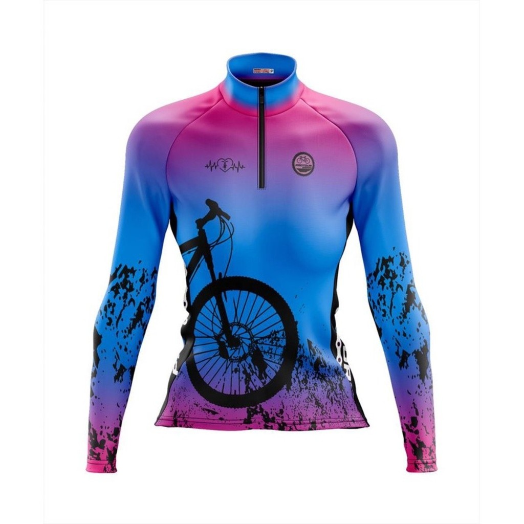 Camisa Ciclismo Feminina Dry Fit com Proteção UV Bike MTB Speed Pro Tour Bike Trip Azul e Rosa