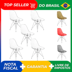 Kit 5 Cadeiras Eames Cristal Transparente Eiffel Base Metal Cromado Casa Apartamento Sala Cozinha