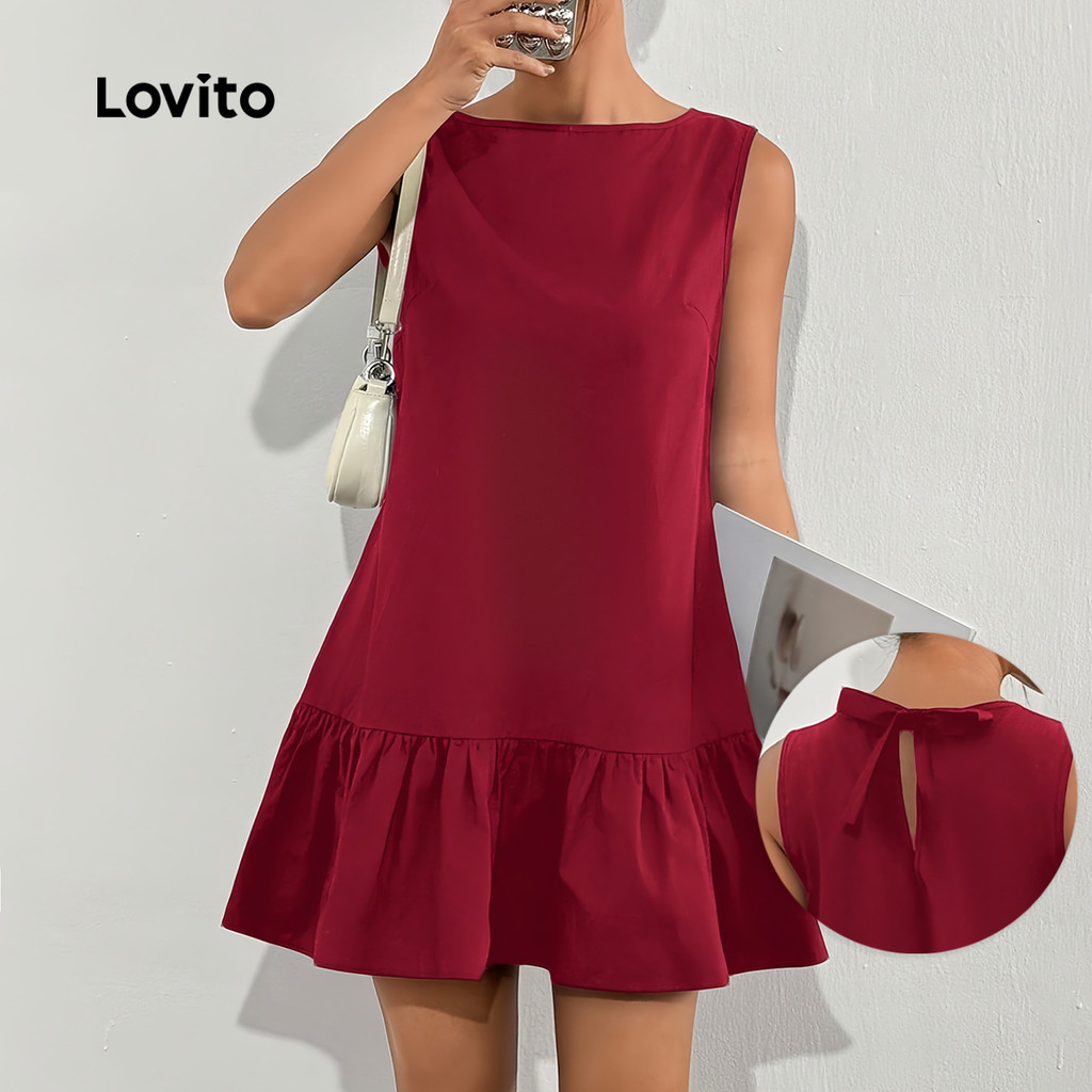 Lovito Vestido Elegante De Festa Com Amarração Nas Costas Vermelho Para Mulheres Ideal Para Primavera/verão LBL31120 em Oferta na Shopee