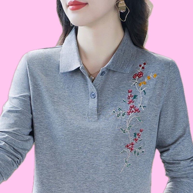 Camisa polo bordada de manga comprida feminina primavera outono estilo ocidental mãe camiseta solta All-Match lapela de 