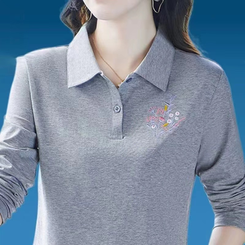 Mãe usar camiseta de manga comprida feminina 2026 novo estilo primavera outono lapela de manga comprida estilo ocidental
