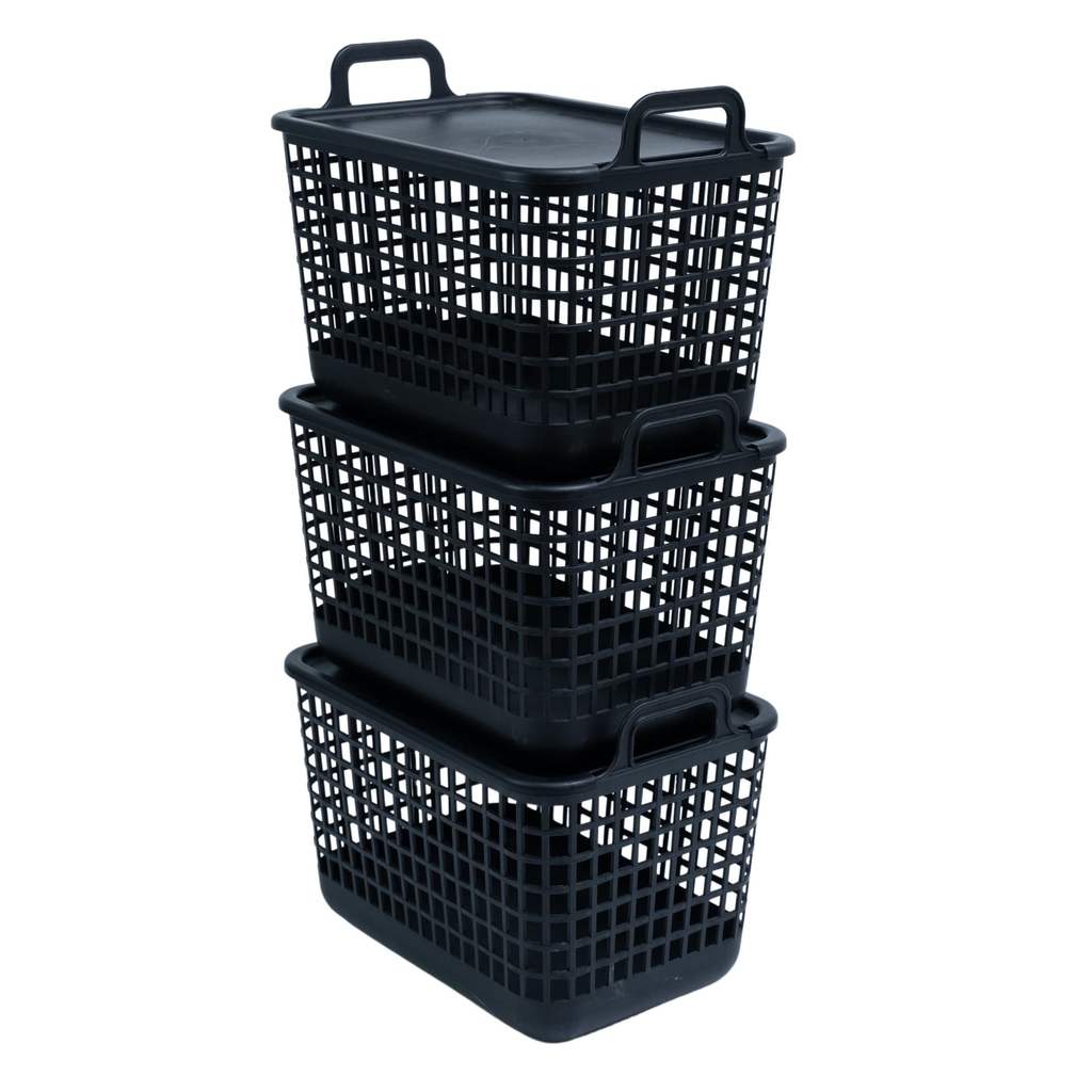 Kit 3 Cestos Telados com Tampa de Plástico 15l Preto – Oikos