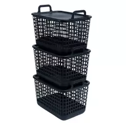 Kit 3 Cestos Telados com Tampa de Plástico 15l Preto – Oikos