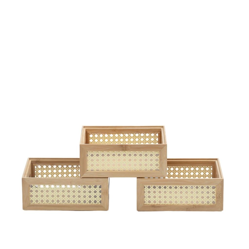Kit 3 Caixas Organizadoras Empilháveis de Bambu E Palhinha 22cm - Oikos em Oferta na Shopee
