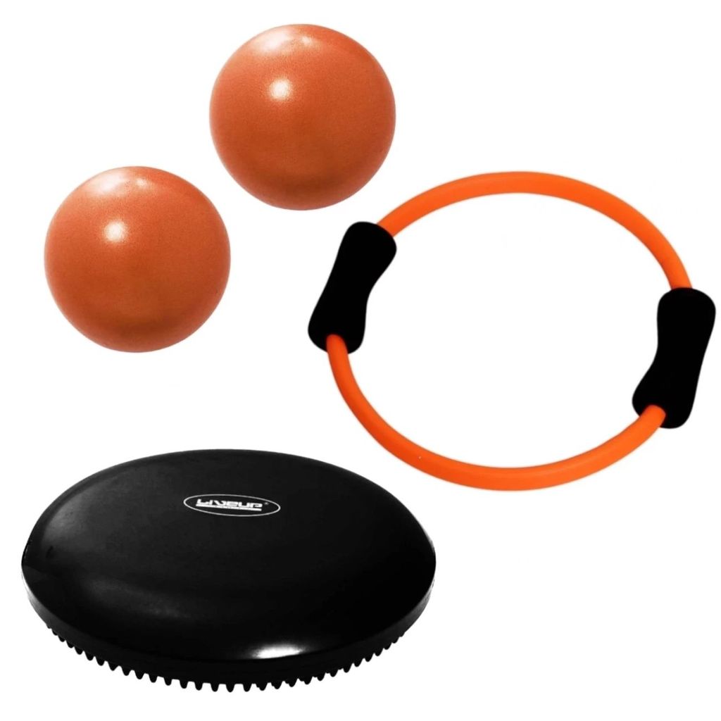 Kit Pilates - Disco de Equilíbrio Inflável + Anel Flexível + 2 Bolas Overball 25cm