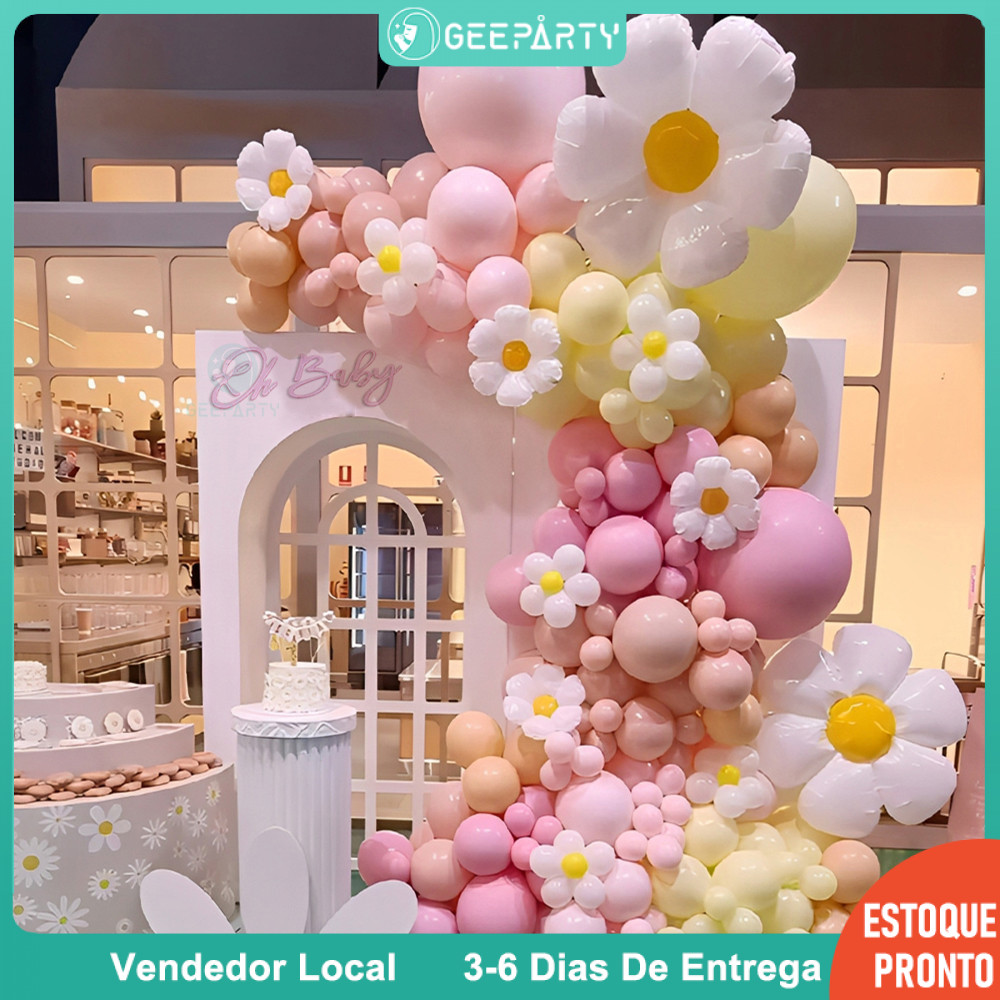 GeeParty 126 Peças Macaron Rosa Amarelo Margarida Flor Balão Guirlanda Conjunto Para Decorações De Festa De Aniversário