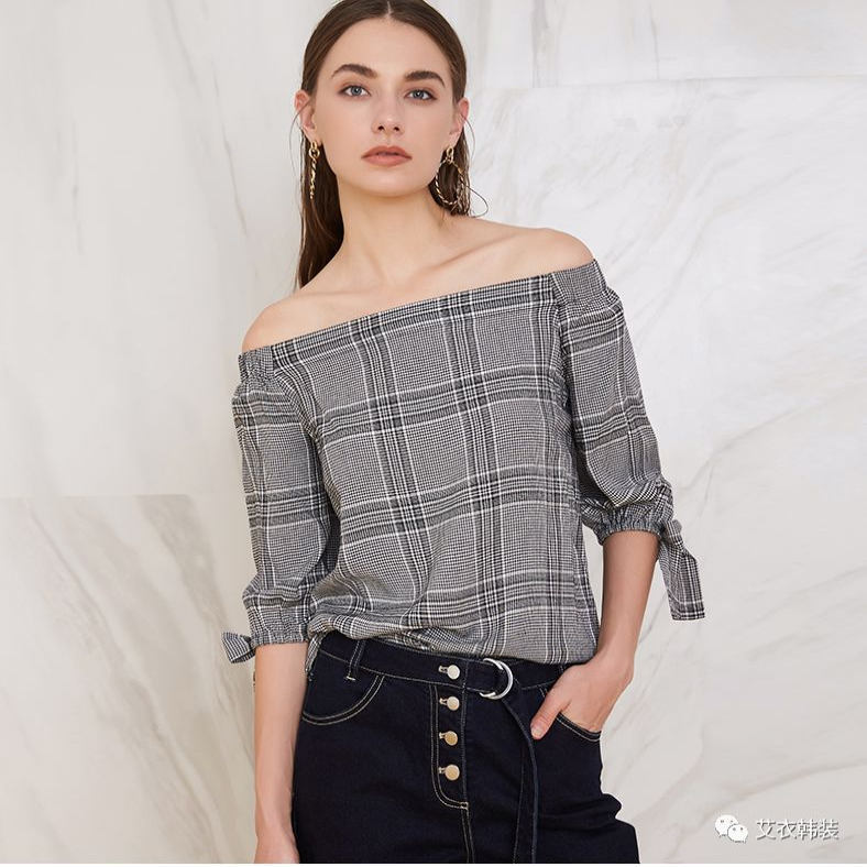 Camisa elegante feminina novo estilo versão coreana um pescoço xadrez impressão Commuter confortável elegante All-Match 
