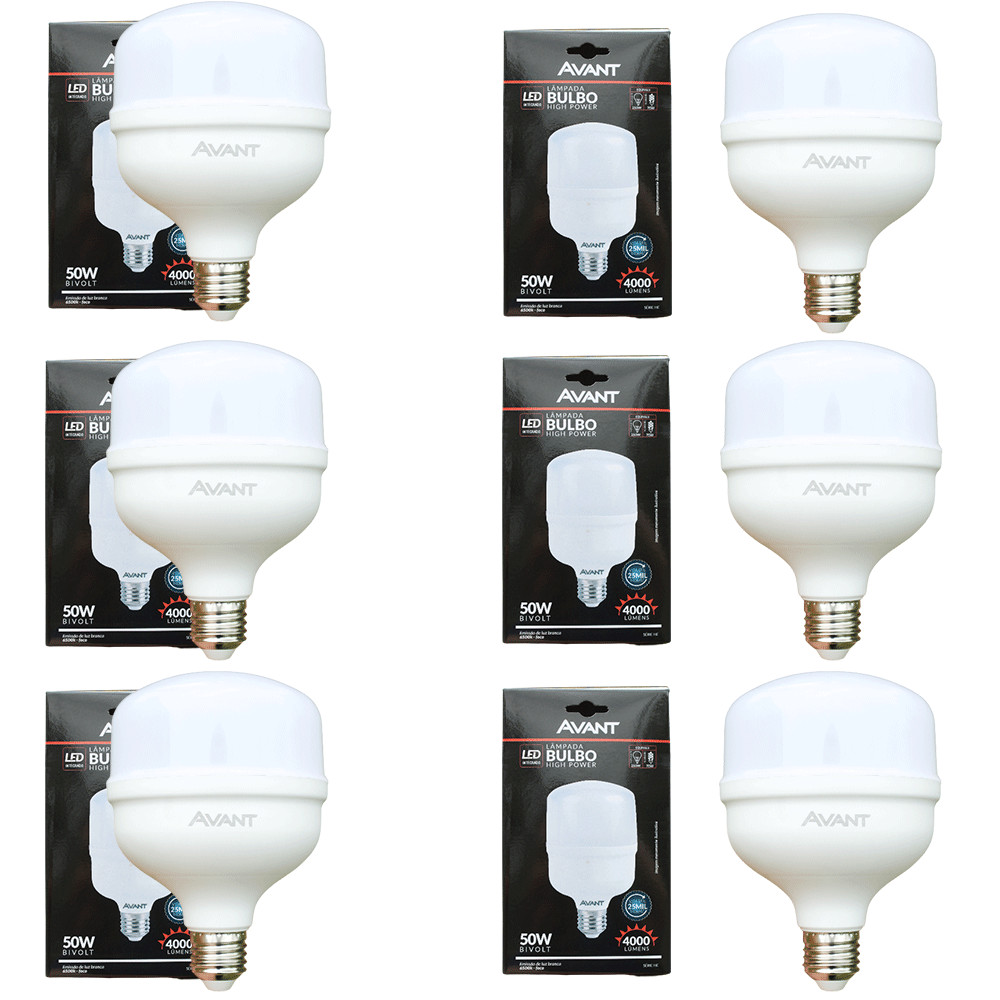 Kit 6 Lâmpadas LED Avant 50W High Power 4000lm Luz Branca 6500K Bivolt Base E27 Alta Iluminação