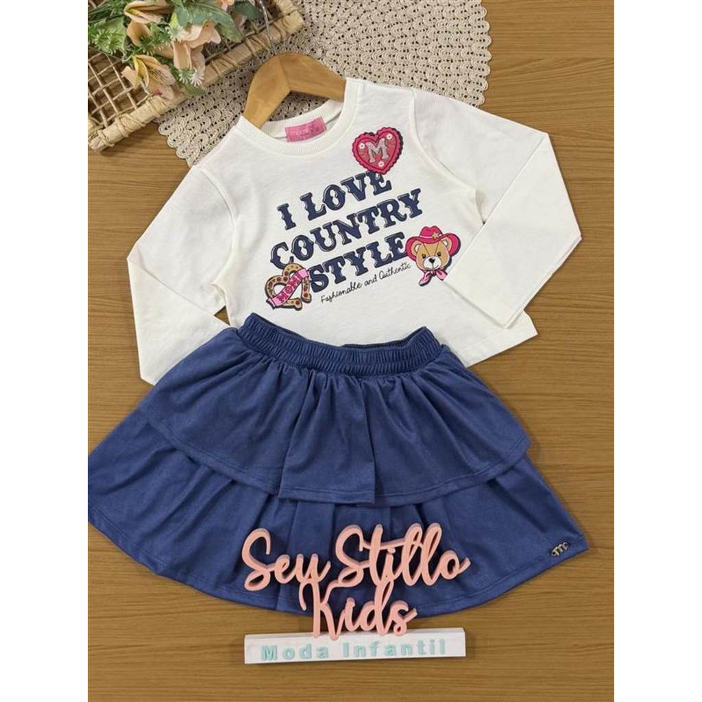 Conjunto Infantil Momi Inverno com Saia Azul e Blusa Manga Longa Love Country