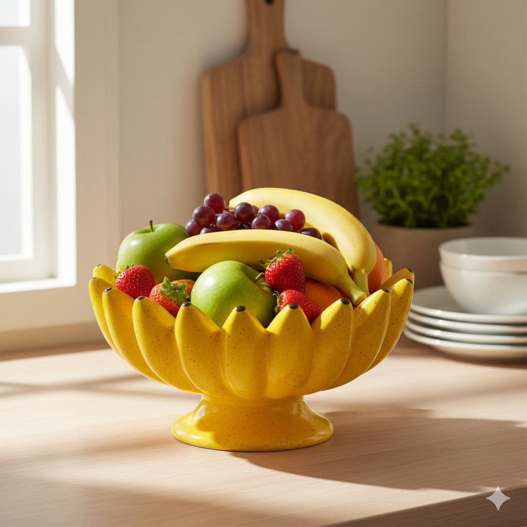 Fruteira Cozinha em Formato de Banana Cerâmica Com Pedestal Decoração Centro de Mesa Pintado à Mão