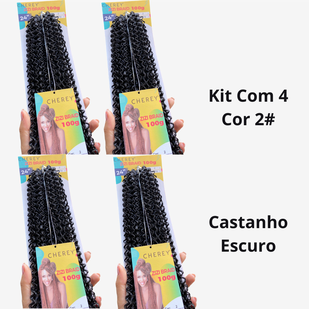 Kit Com 4 Cabelo Miojinho 400G (Cor 2 Castanho Escuro) Tranças Micro Zizi Kanekalon