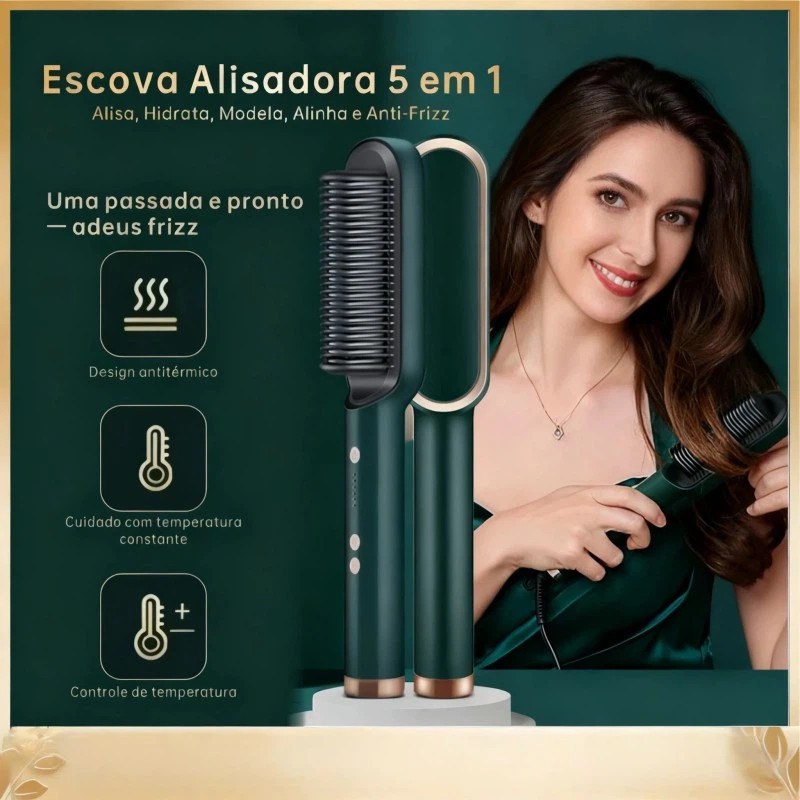 Escova Alisadora Bivolt 5 em 1 Alisa Hidrata Modela Alinha Anti-Frizz