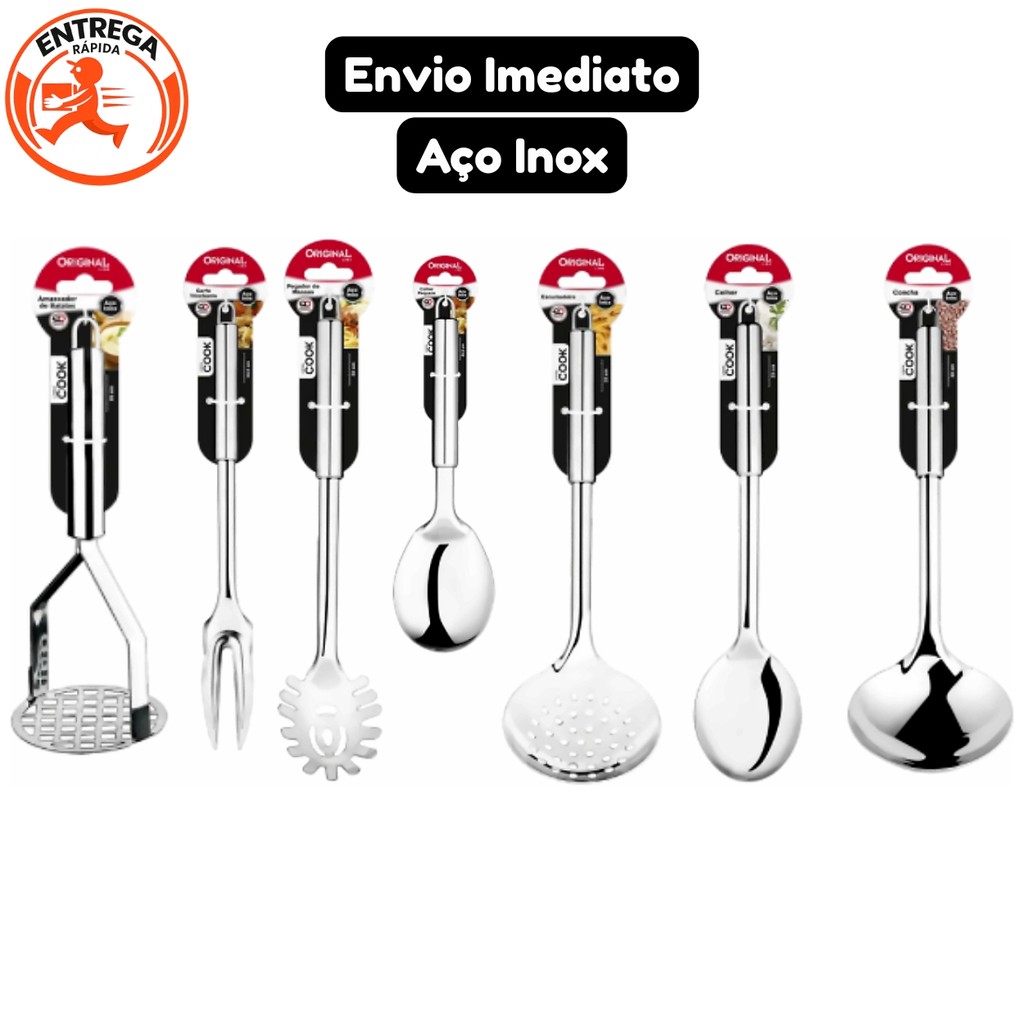 Kit 7 Utensílios De Cozinha Inox Amassador de Batata Escumadeira, Concha, Colher Arroz, Pegador, Garfo