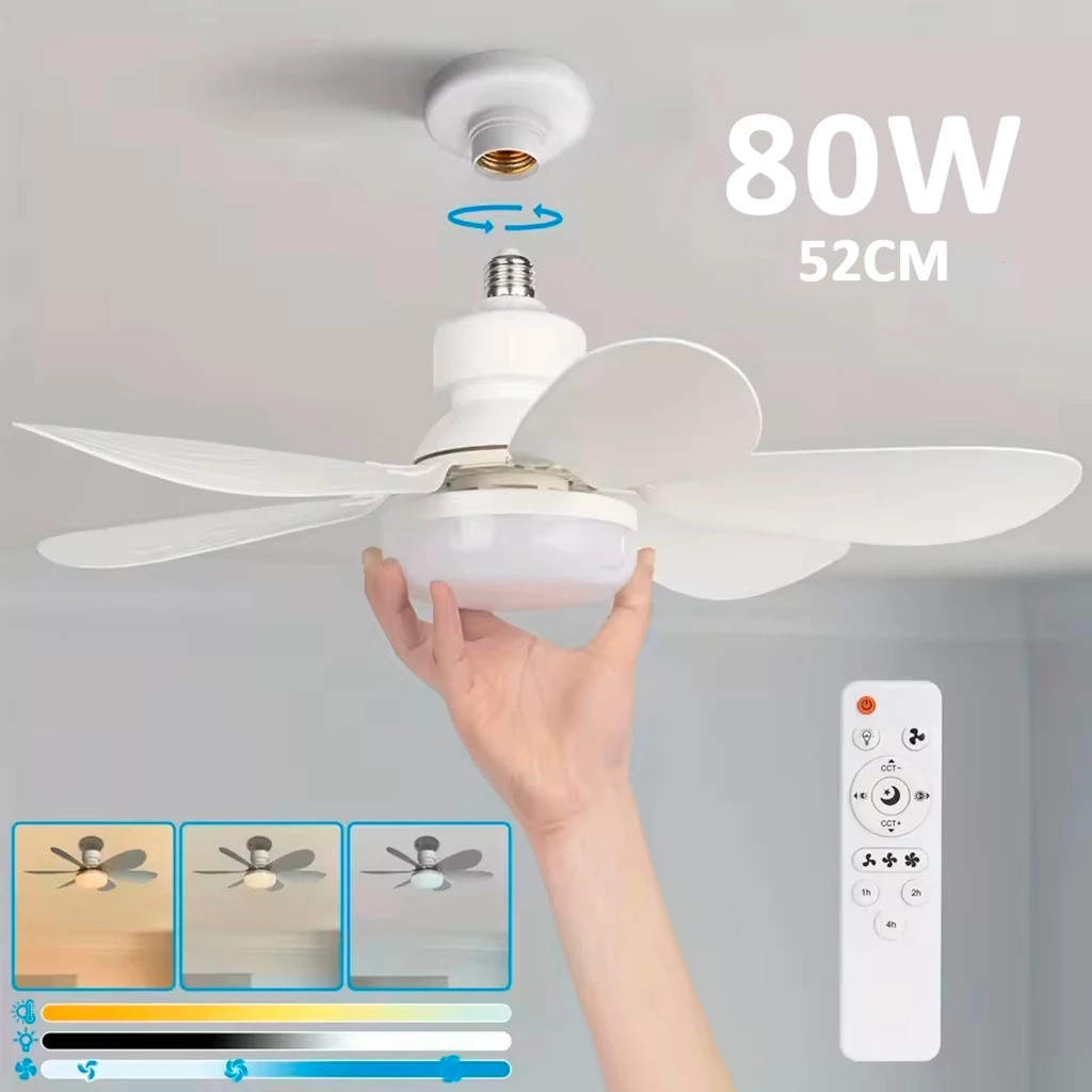 Ventilador de Teto 80W 52CM Lâmpada Luminária LED 3 Cores E27 Silencioso Bivolt 2 em 1 C/ Controle Remoto