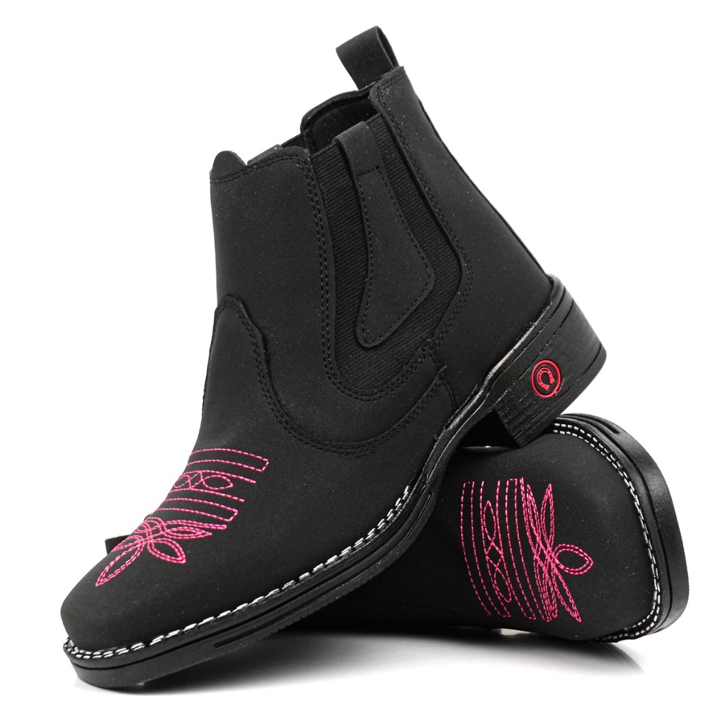 Botina Bota Country Feminina Texana Bordado Rosa Confortável e Estilosa