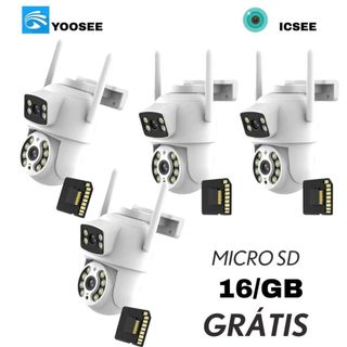 Kit4 Câmera de Segurança Dupla Lente IP66 Wi-Fi 360° Visão Noturna Sensor de Movimento+MicroSD 16GB