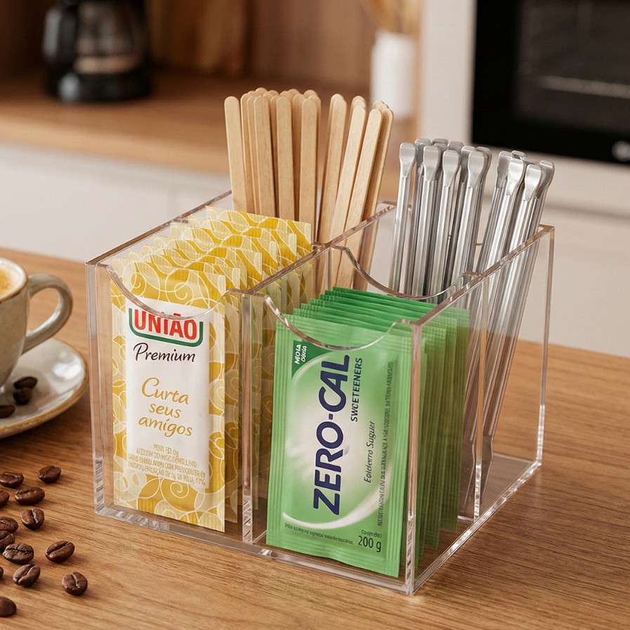 Porta Sachês Acrílico Organizador para Cantinho do Café - Açúcar, Adoçante, Chá e Mexedor 4 Divisórias Transparente em Oferta na Shopee