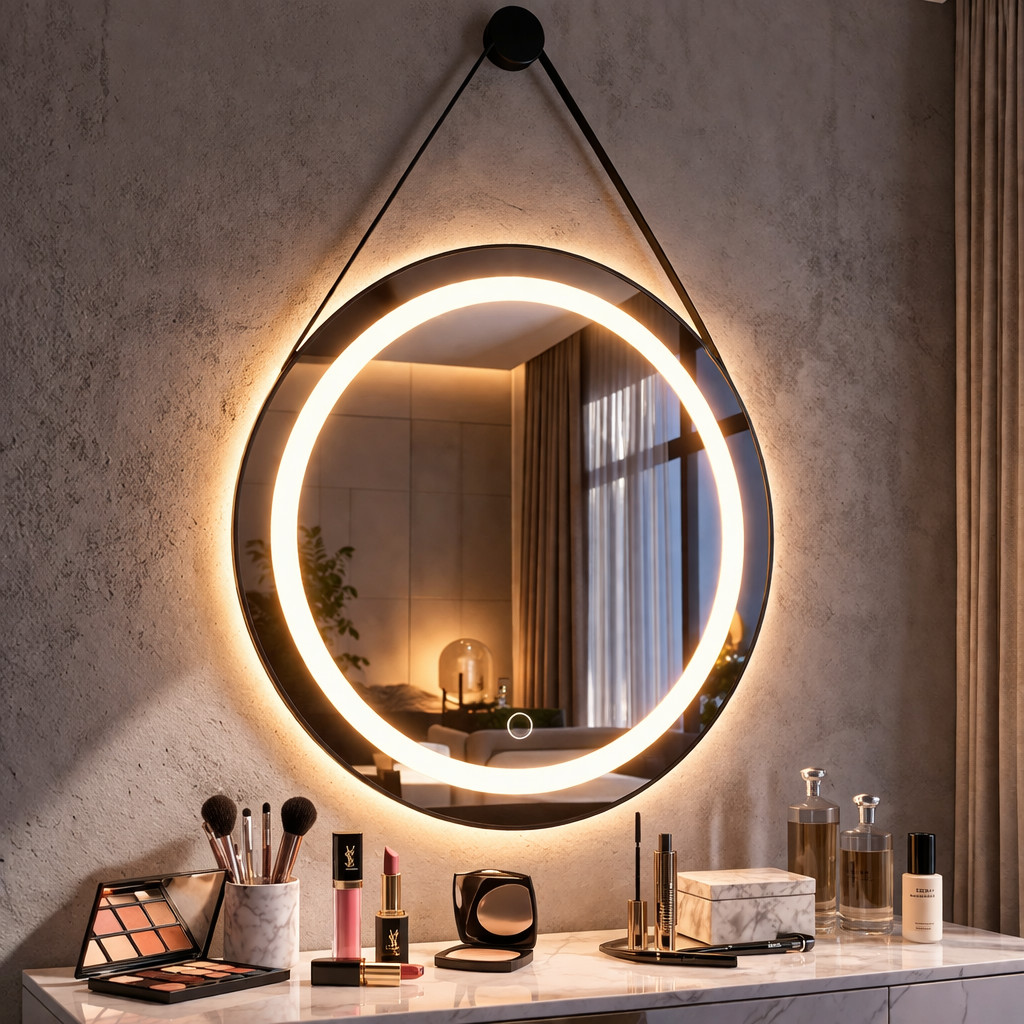 Espelho Redondo LED 3 Cores Adnet Jateado 40 a 60cm Botão Touch Alça Couro Premium Parede Banheiro