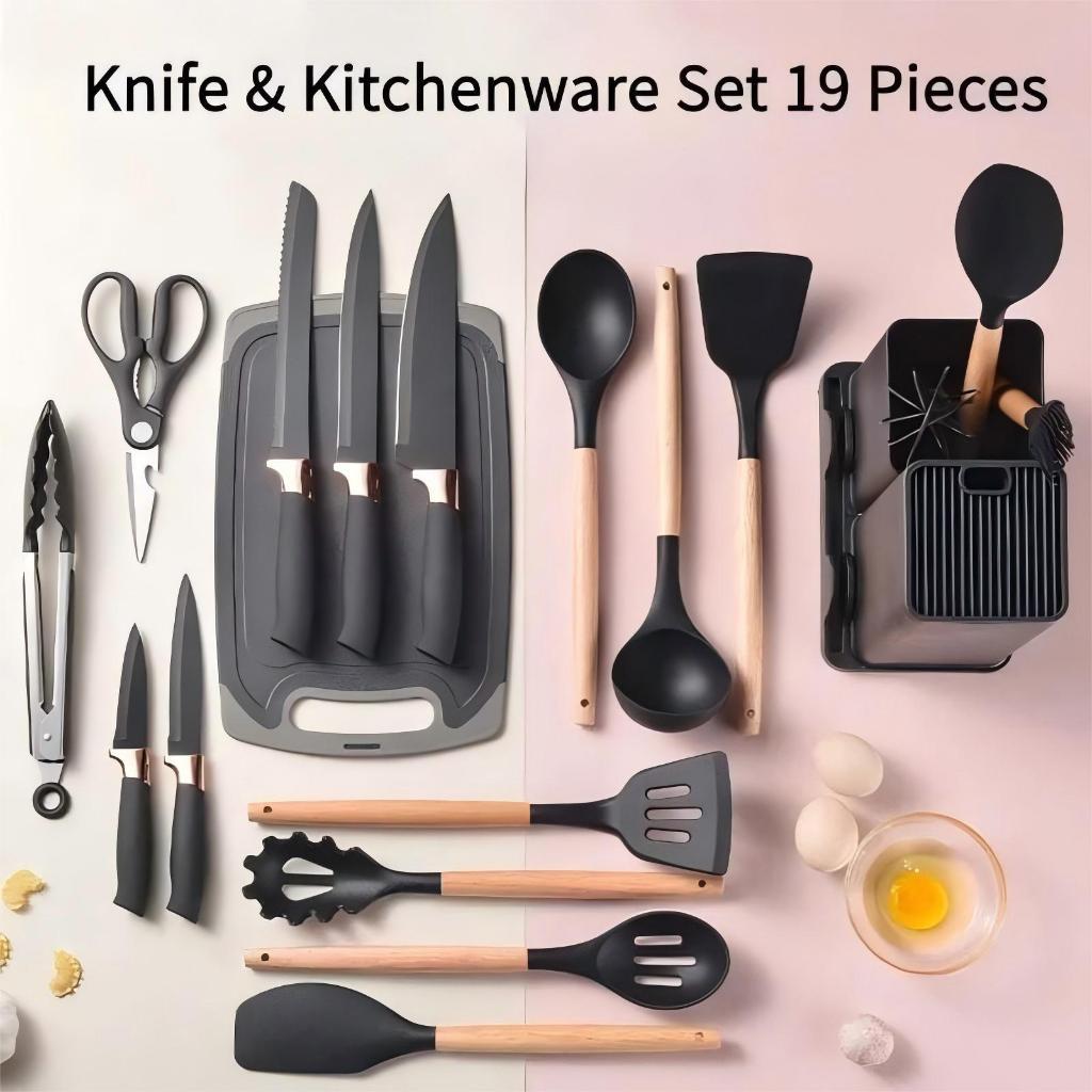 Kit 19 Peças Jogo de Utensílios Para Cozinha em Silicone Com Cabo de Madeira Completo
