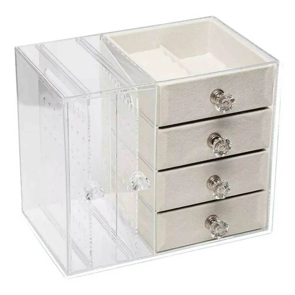 Porta Joia Acrilico Expositor Bijuteria 4 Gaveta Organizador Anel Brinco Pulseira Colar Suporte Luxo Cristal Presente