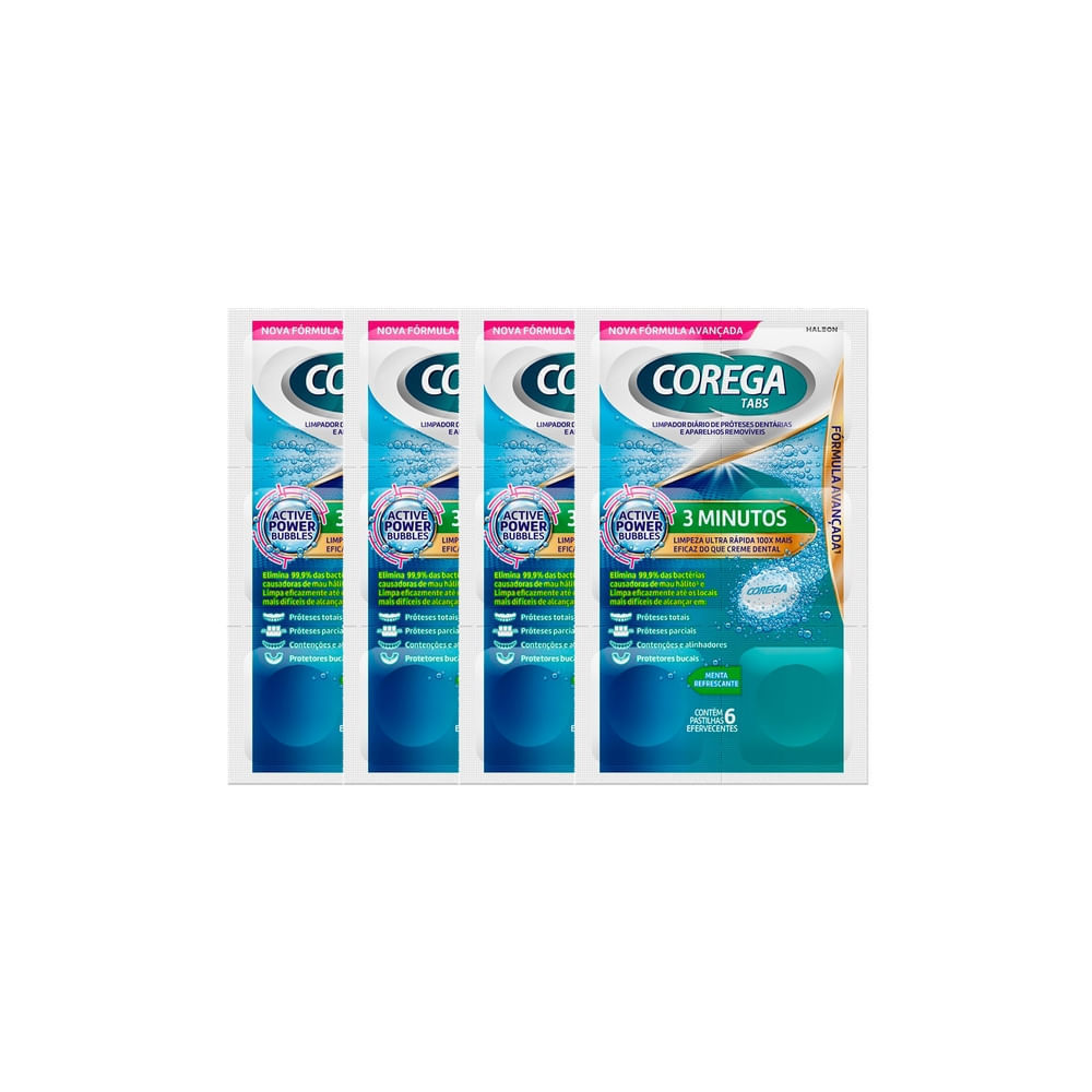 Kit 4 Corega Tabs Limpador de Dentadura 3 Minutos com 6 Pastilhas Efervescentes