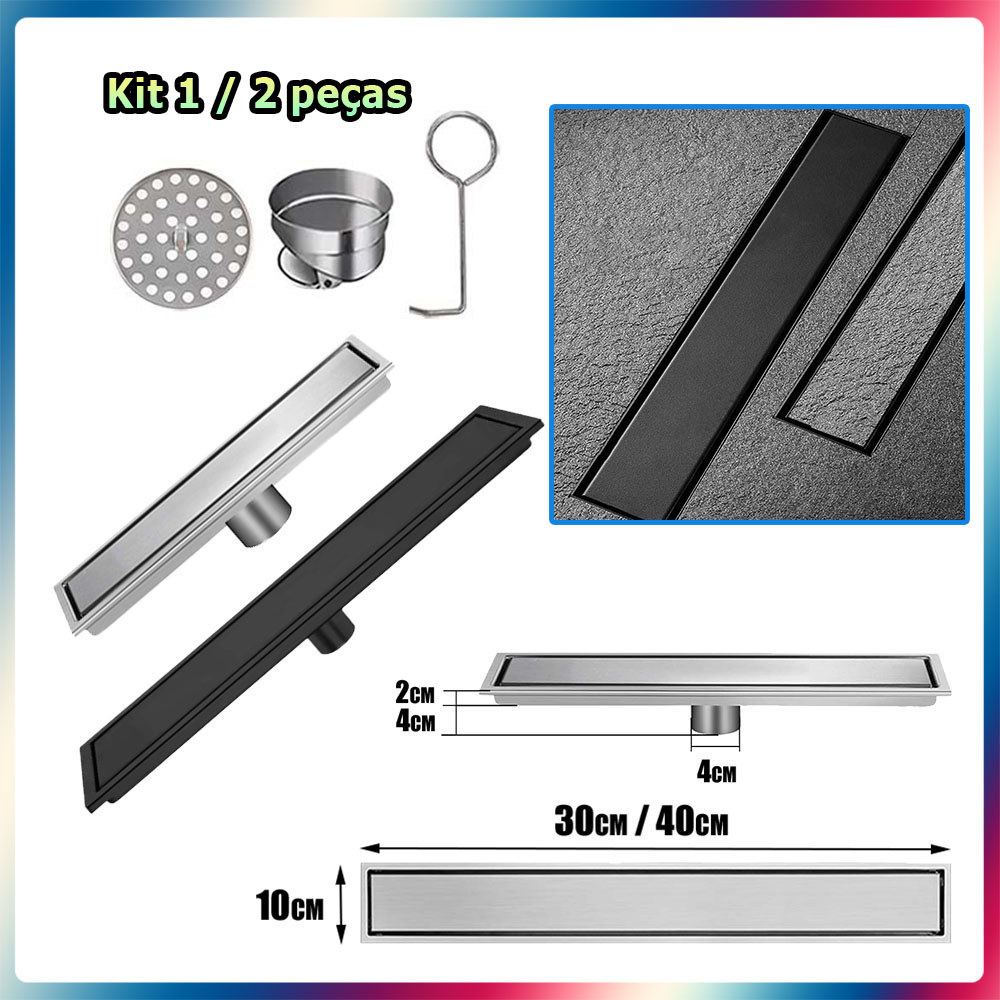 Kit 1/2 Ralo linear para chuveiro ralo de aço inoxidável ralo embutido para chuveiro com tela filtrante 10x30cm 10x40cm