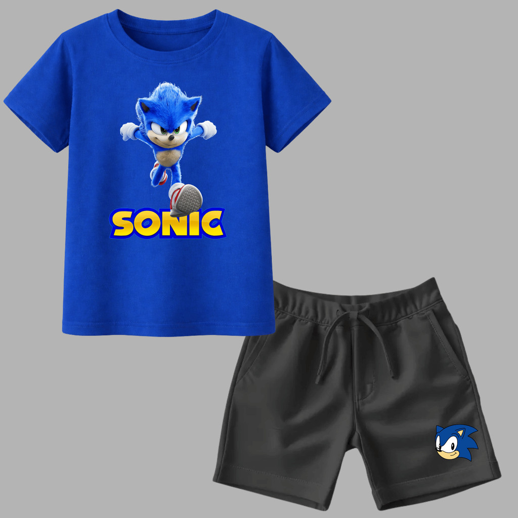 Conjunto Infantil Kit Short Moletinho Camiseta Algodão Sonic o Ouriço Azul Corredor Criança Gamer