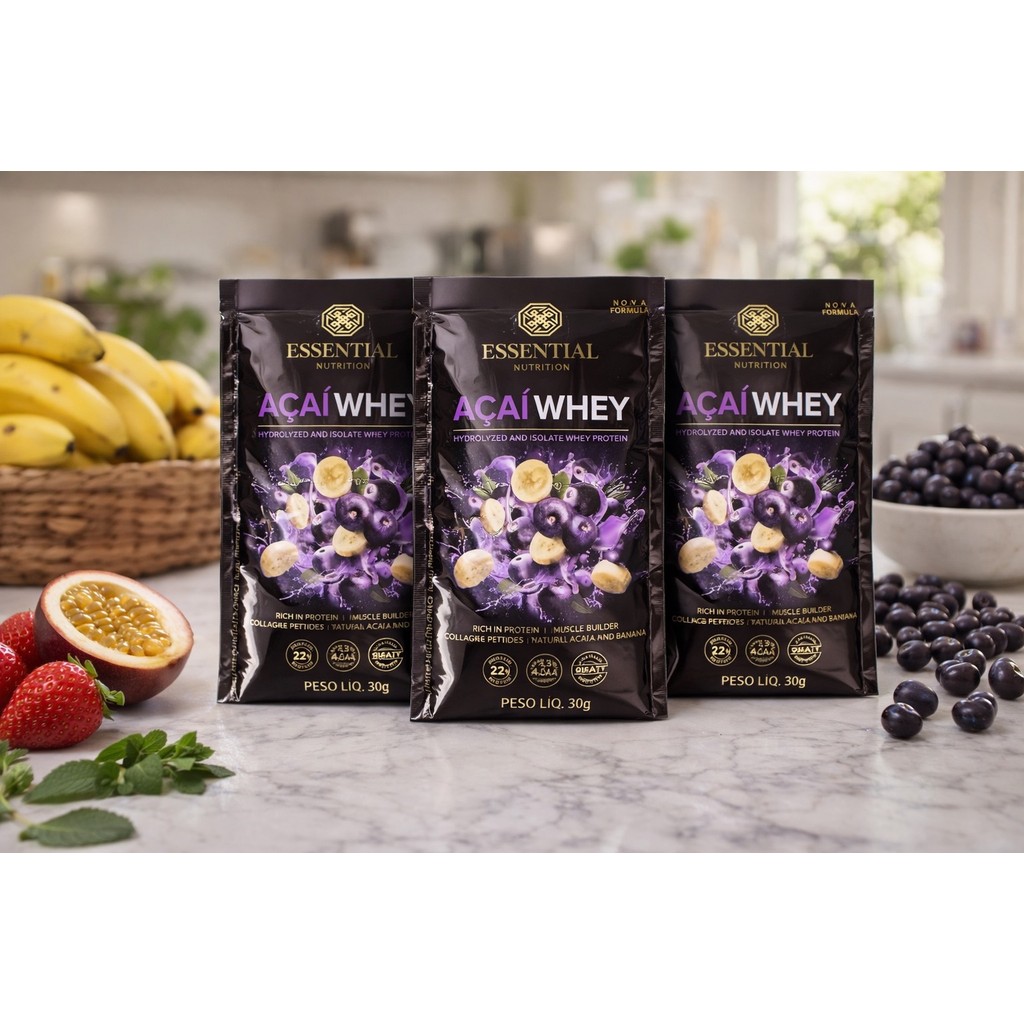 Kit 3 Whey Essential Nutrition Sachê 30g | Whey Protein Açai Hidrolisado e Isolado | Shake Proteico Cremoso | Pós-Treino