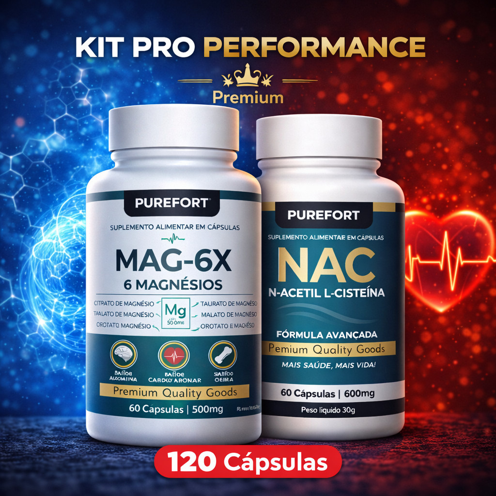 KIT PRO PERFORMACE NAC + MAGNÉSIO 6X  ENERGIA, IMUNIDADE E PROTEÇÃO CELULAR 120 Cáps