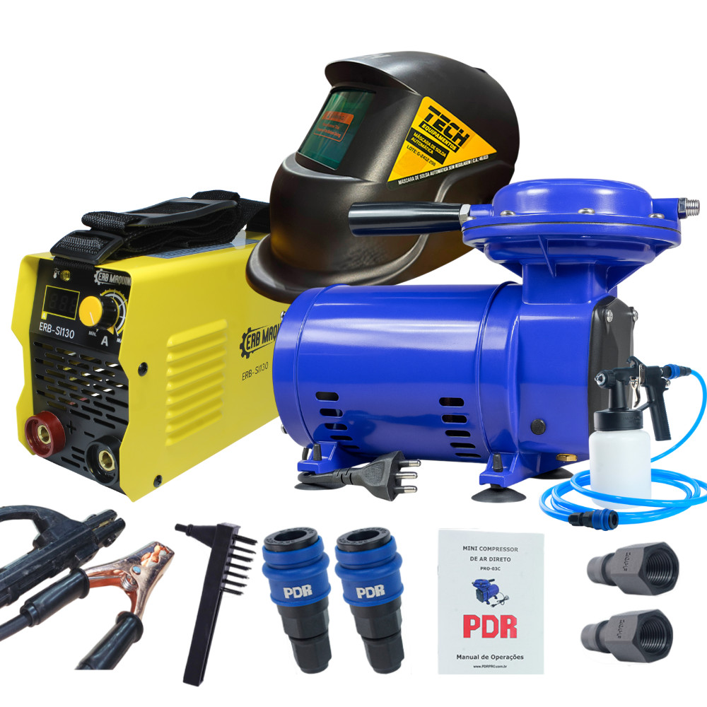 Kit Serralheiro Compressor Ar Direto Pdr Pintura + Inversora Solda 130A com Máscara Solda Uv