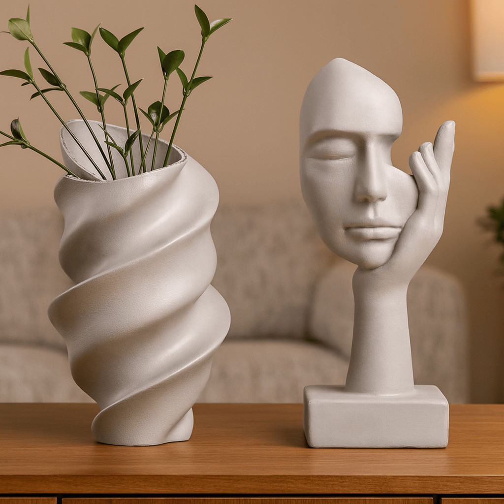Escultura Reflexão com Vaso Ondulado Decorativo Minimalista Moderna Sala Elegante