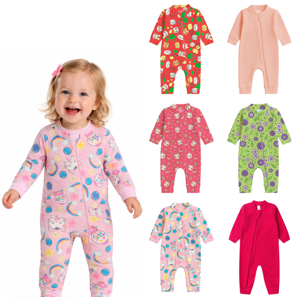 Kit 3 Macacões Bebê Menina Canelado Premium | Conforto Macio| Sortidos | RN ao 3 Anos em Oferta na Shopee