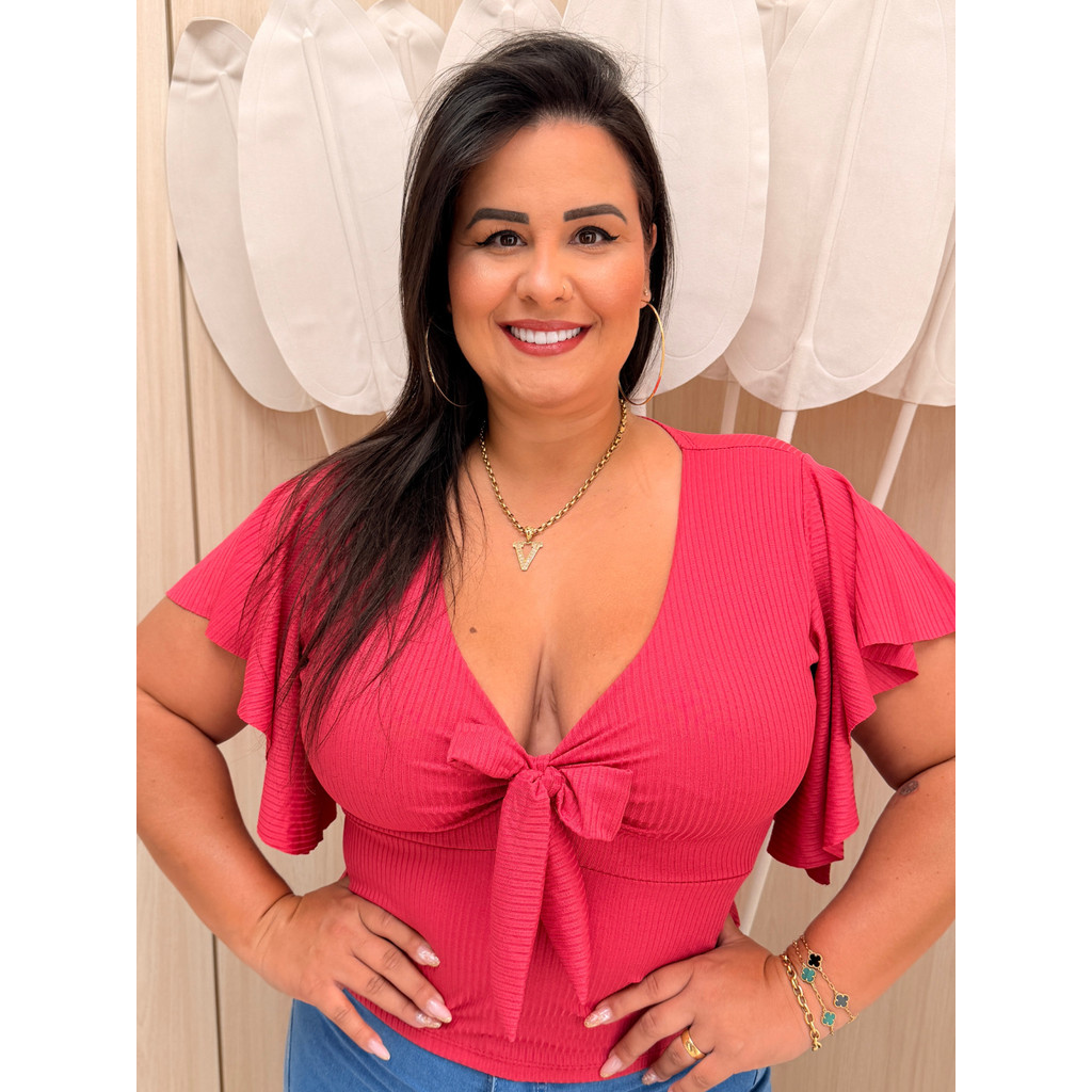 Blusa Cropped Feminina Canelada Manga Flare Decote Amarração Plus Size Verão Modinha Veste 46 ao 52 em Oferta na Shopee