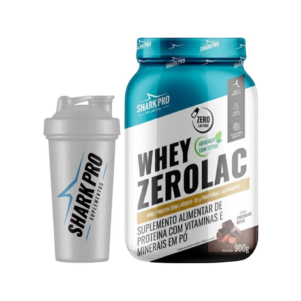Mix Whey Protein ZeroLac Chocolate Belga 32g De Proteína Pote 900g + Coqueteleira Shark Pro