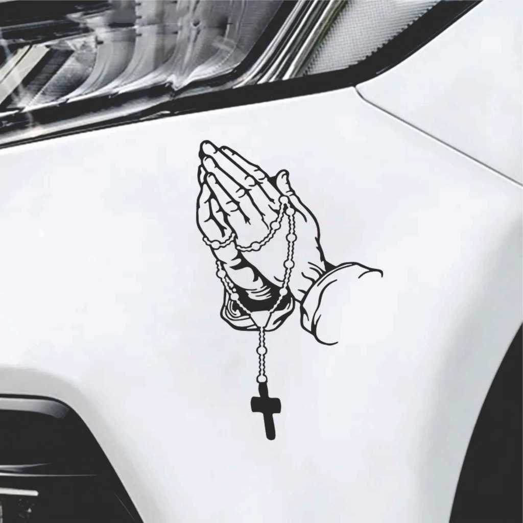 Adesivo de carro com mãos em oração e terço - Adesivo vinil religioso cristão - 1und  para carro moto bike caminhão
